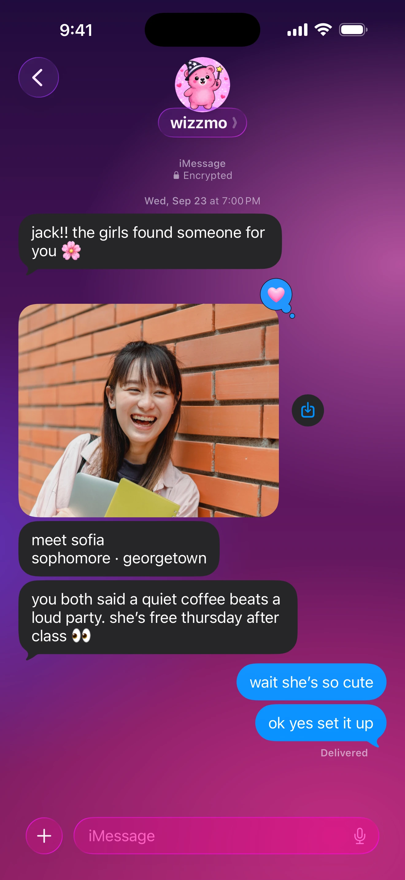 a match arriving in iMessage with a photo and why they were picked